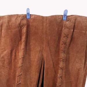 SUEDE PANTS, TAN, PLUS 24, FRONT "X" LACING, LONG SUEDE MULTI-STRAND BELT, SIDE